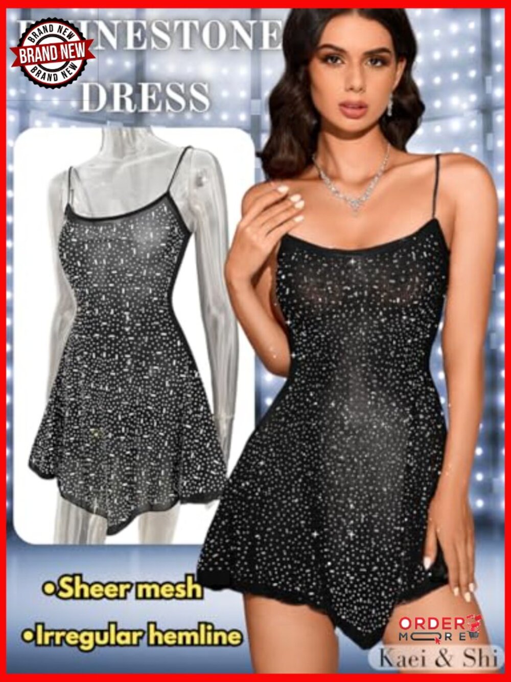 Sheer Mesh Mini Dress with Rhinestones for Night Out Party - Picture 2 of 7